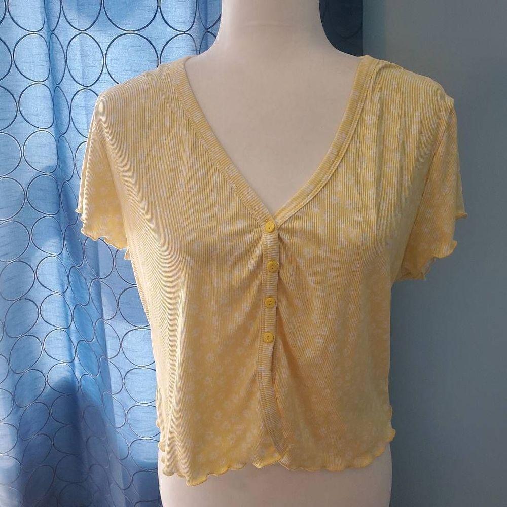 Just Polly yellow floral ribbed Crop Tee XL